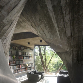 混凝土墙扭动起来-上海建筑师作品-室内茶馆和图书馆