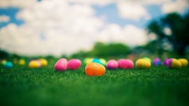 绿色草坪上的一大堆复活节彩色彩蛋