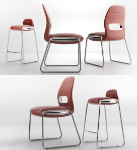 柔软弯曲的椅子和凳子-暗示复古未来主义，采用空气动力学曲线和对比相结合的材料，它给人以坚实的对象，明亮的皮革和镀铬腿