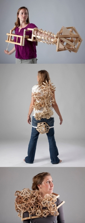 可穿戴的3D打印木质雕塑-可以实现与身体互动，似乎是建在自己身边，像巨型几何真菌