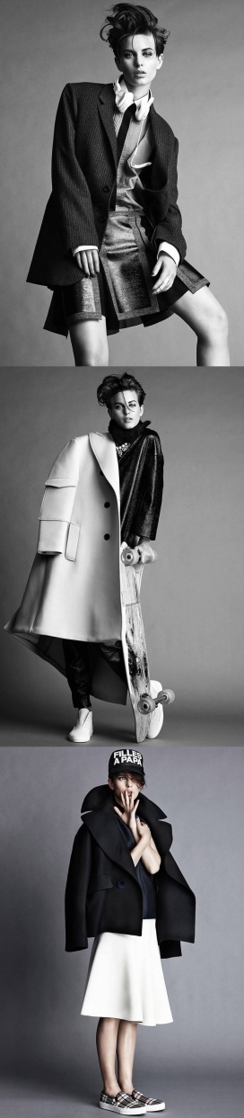 阳刚夫人-里克森岩石中性风格女装秀-法国Madame Figaro费加罗夫人杂志封面-量身定制的西装式外套，长裤，和厚重的外衣，瑞典模特展示了女人味的曲线，塑造了阳刚中性风时装秀