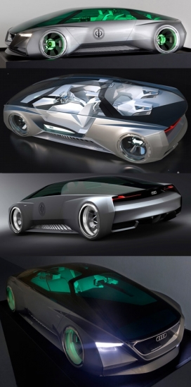 未来的奥迪Quattro舰队车-透明顶部-身集成完美高科技-该车辆车顶上几乎完全透视，可以从外面看到的霓虹灯绿色光