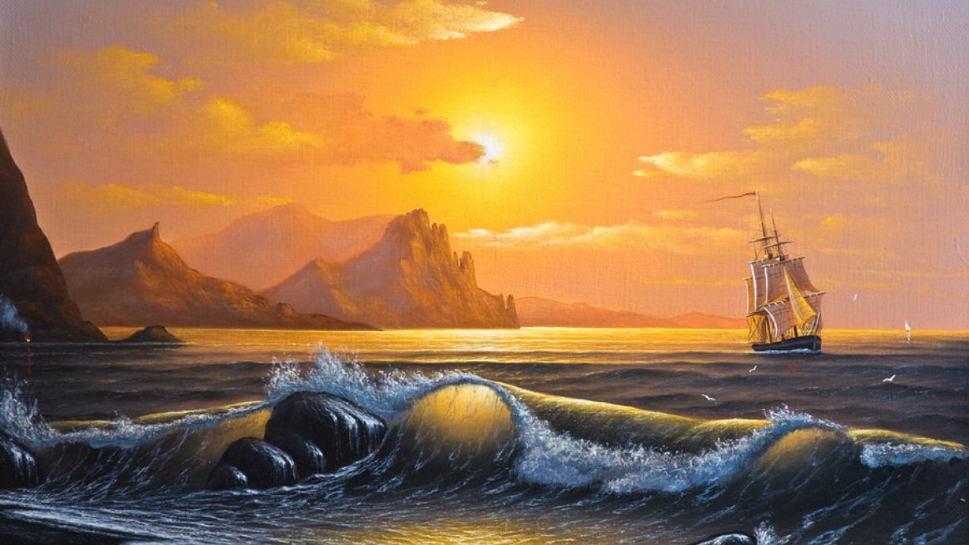 高清晰水墨油画海浪帆船壁纸
