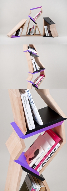 斩树书架-最初看起来书架比较僵硬，不过很活泼灵活，是一件可堆叠移动的一件家具