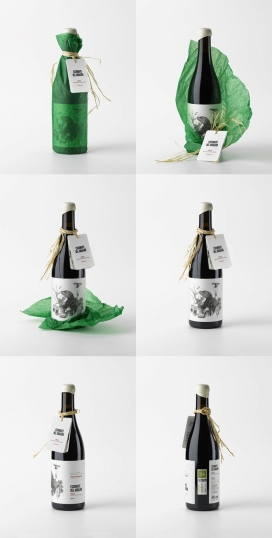 独特的Tentenublo限量葡萄酒-设计师设想了一个危险和差分包装，瓶子被包裹在绿色的纸巾来隐藏标签，不同图案灵感来自十九世纪的雕刻