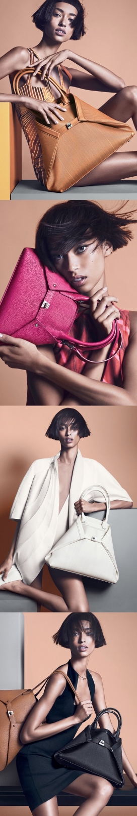 Akris 2014春夏时尚包包广告摄影作品-法国Anais Mali模特，在意大利威尼斯拍摄，黑发尤物很短的剪切发型配合形状超大的包包，展现出不拘一格的大牌风人像版画