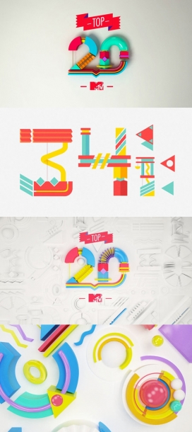 MTV/ MTV Top 20卡通字母字体设计-全彩色背景的多颜色，多纹理的材料抽象形式排版
