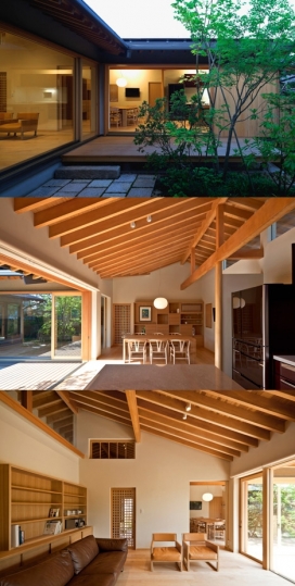日本爱媛县传统庭院花园木屋建筑-该建筑面积225平方米，框架有五个独立的花园和露台，并且每个打开到一个不同的室外空间。厨房和餐厅位于大楼的东南角，可以使用滑动门分离成单独的空间