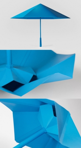 SA™美学形式几何蓝伞设计-剥夺了传统的导线结构配备，并使用平面的张力来创建它的几何形状，很像折纸，通过在底部旋转手柄自动打开伞的内部，内置磁铁保持安全关闭篷，直到你准备使用它