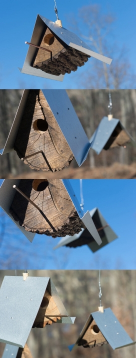 三角形木质鸟巢屋-可持续来源的材料制成，有一个弯曲金属屋面，是一个很好的鸟舍家园