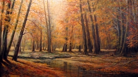 高清晰秋天的森林小溪油画壁纸