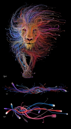 里昂的狮子（里昂2015年世博会）-采用USB网线水晶头电线做的插画-采用不同布局装饰元素设计的组合