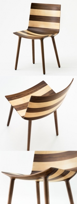 木头做条纹的家具-斯德哥尔摩Claesson Koivisto工作室作品-采用与枫树和胡桃木联手打造的大胆条纹图形相间的椅子，书架和边桌，深色木材创造了条纹的美感。