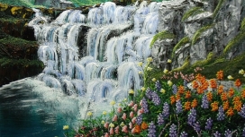 高清晰逼真的水粉油画瀑布壁纸