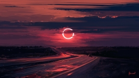 高清晰红色日食下的高速马路壁纸