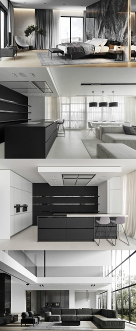 黑白色搭配装饰的豪华家居室内设计