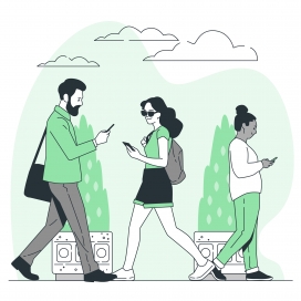 绿色卡通走路玩手机素材