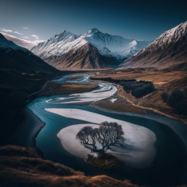 手绘江山河流风景图