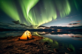 绿色北极光湖泊旁边的帐篷露营者