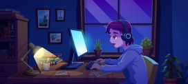 夜间电脑办公前加班的卡通女郎