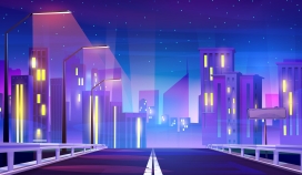 蓝紫色卡通现代城市夜景素材