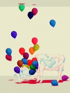 Rainbow牛与气球的插画欣赏-中国北京dixun sun插画师作品