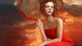 女人红-高清晰夕阳黄昏背景下打红边伞的欧女壁纸