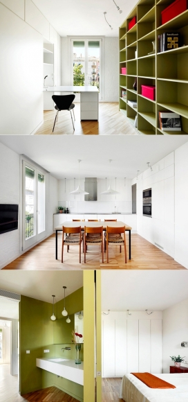 巴塞罗那翻新的公寓,明亮的绿色表面和家具，折叠的墙壁-西班牙M2arquitectura建筑师作品