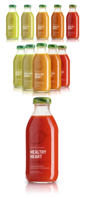 Healthy Heart果汁饮料包装-强调的是“100％澳洲本土产品，让水果的自然风光和诱人的色彩通过瓶子展现出来