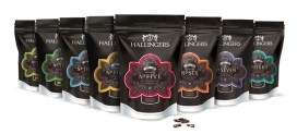 Hallingers茶及咖啡包装-均匀的浮雕和印制罐，概念贴纸标签，通过8个与众不同的颜色与配上插图来区分口味