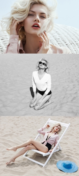 玛蒂娜季米特洛娃-在海边摄影，金发碧眼大美女，复古卷发和珊瑚的嘴唇，让人联想到现代版本的“玛丽莲・梦露“