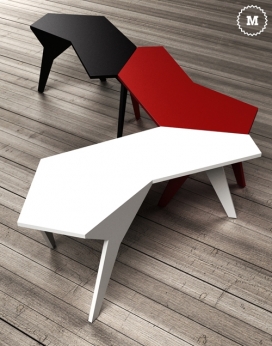 三条腿几何弧形桦木胶合板桌子家具，有三种颜色