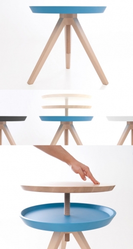 一个可调节高度的圆凳设计-采用螺纹旋转来提高它的高度，以创建一个两层的面
