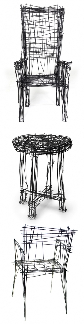 韩国设计师Jinil Park作品-有二维草图外观的交错钢丝家具作品