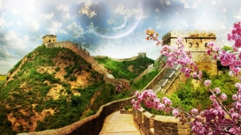 伟大的长城墙与鲜花