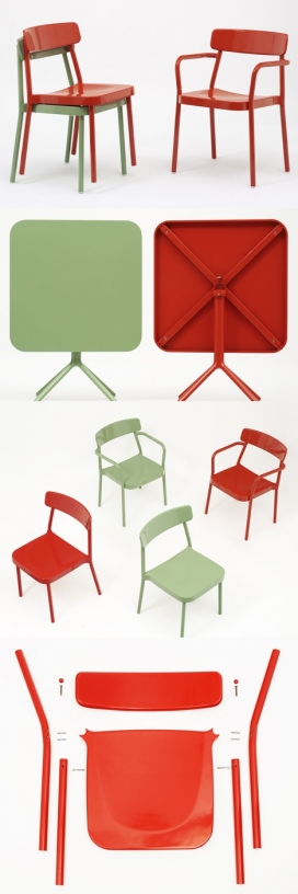 雍容铝家具-英国设计师塞缪尔威尔金森创造的一系列的轻质铝合金家具，设计包括一个堆叠的椅子和沙发，凳子，加上折叠咖啡桌