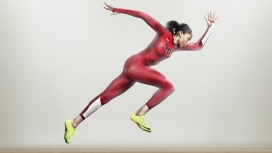 穿红色紧身运动服奔跑的美国黑人女性运动员