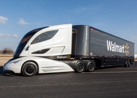 沃尔玛推出概念高效能源的碳纤维卡车-流线型驾驶室，大丹犬拖车和凯普斯通涡轮，激进的设计采用了锥形机头和座舱，改善空气动力学20％，被称为沃尔玛高级车