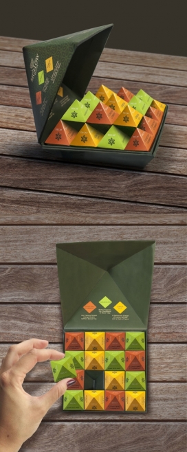 Bigelow金字塔菱形容器茶包装设计欣赏-美丽的五颜六色茶布置，让人想起什锦巧克力盒