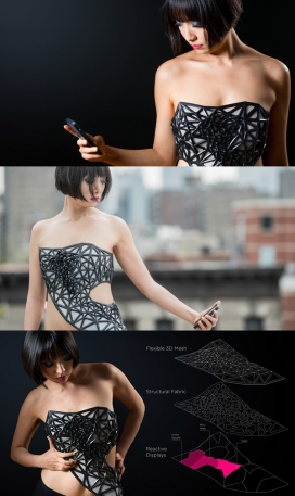 个性化的3D打印可穿戴式柔性网雕塑时装-可以通过智能手机显示佩戴者的数据