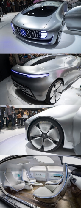 CES 2015-梅赛德斯・奔驰˚F015豪华运动概念车-一辆自主控制后座舒适与科技驱动革命性的汽车设计，里面配置高分辨率显示器，眼睛跟踪传感器，LED照明，围绕汽车的360度传感器，投影系统和省油氢燃料电池动力系统，同时激光系统能够投射出斑马线到马路要清楚它的安全供行人穿越。