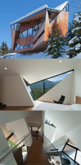惠斯勒滑雪场旁边倾斜屋顶的房子-位于加拿大，有460多平方米的家，采用木材铺就的不规则形状滑雪小屋，灵感来自流下的雪水晶体形式。