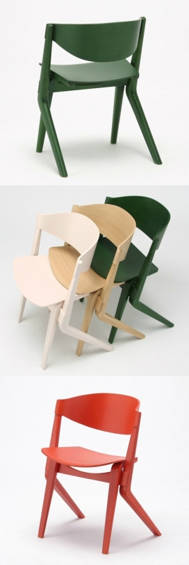 Karimoku新标准的木椅，像叠超市手推车-为了适应城市生活创新的方式，快乐而实用设计的椅子。颜色有苔绿色，淡粉色，红色或纯木色