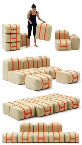 自制沙发座椅-法国Matali Crasset设计师作品，可以拆分成也可以独立使用，由两个软垫和两个卵石般靠垫，三角形的底座组成，可以拆开组成一个单人床