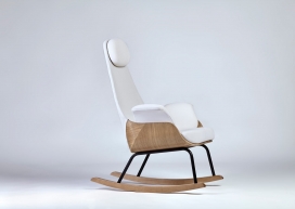 摇椅-主体采用熏黑橡树木，钢管腿组成，靠背使用透气白色织物既灵活又适应性人体重，十分舒服