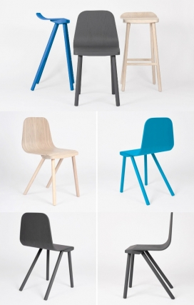 Andrew Cheng的高脚弹簧椅设计-提供了一个悬臂式座位，以及完全脱离了胶合板，木材纹理走向都有不同的方向。