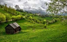 罗马尼亚特兰西瓦尼亚-绿草原木屋壁纸