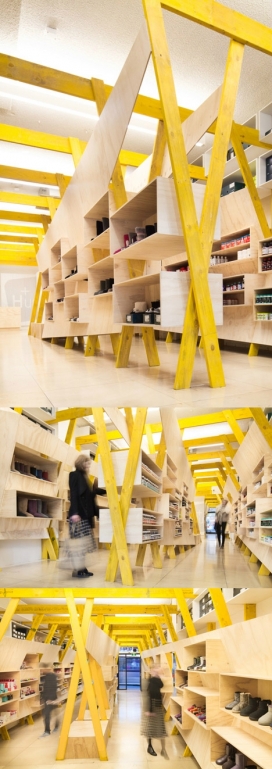 精心制作的木制书架-销售鞋类及保健产品。位于墨尔本市中心商务区，是一个旗舰店零售空间，可以容纳两个不同类型的产品项目