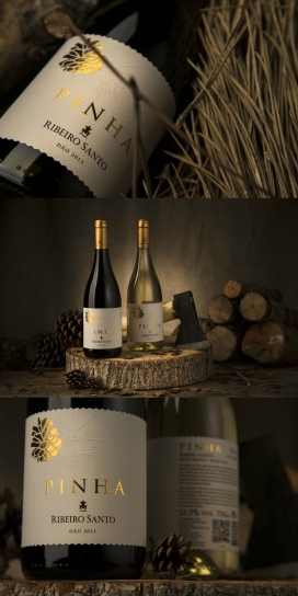 Pinha松果葡萄酒香槟-黄金秋天的颜色让包装突出标记印章，大自然图形设计强调了优雅简洁的视觉效果