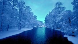 高清晰蓝色雪树河壁纸